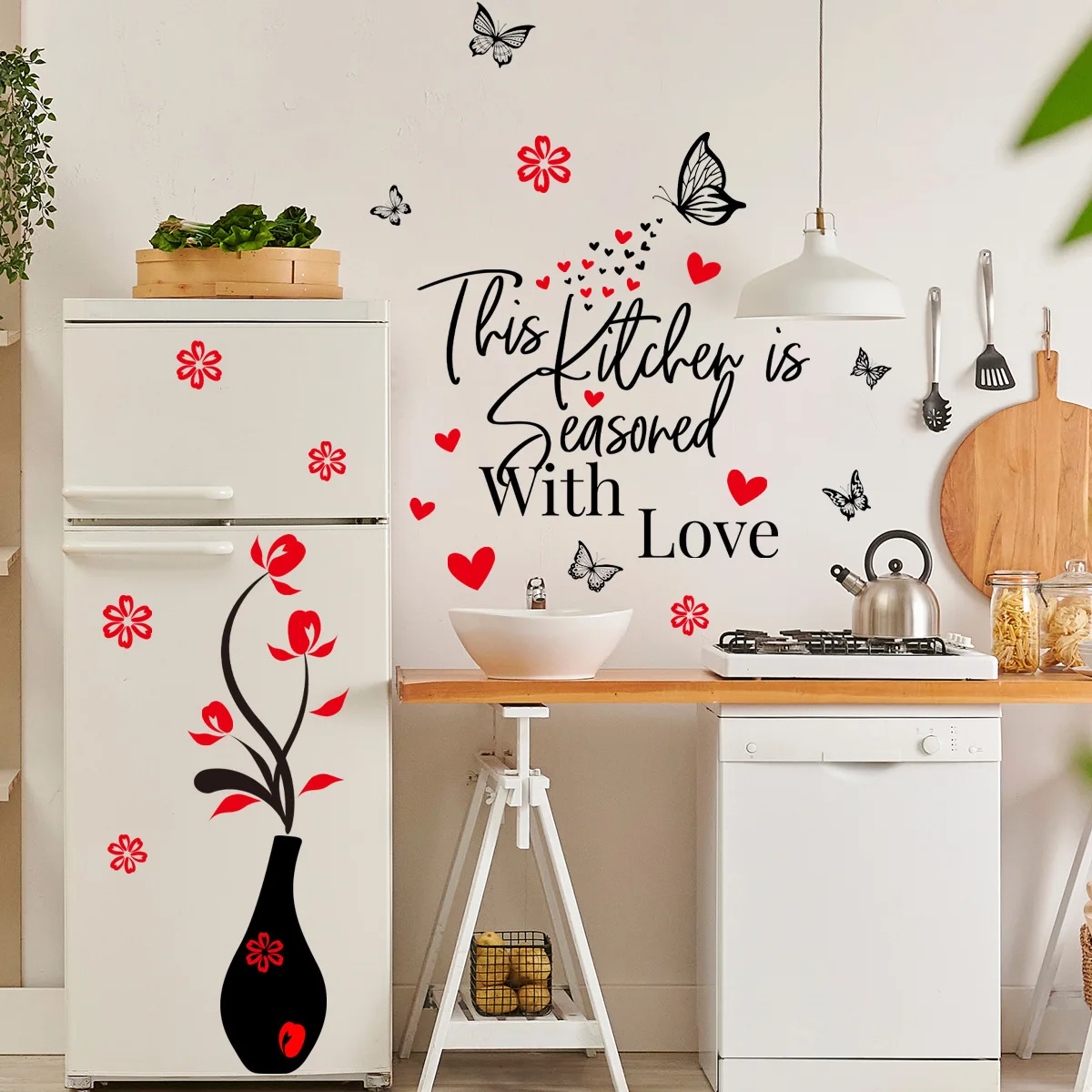30*90cm English Kitchen Vase Butterfly Flower Wall Stickers Kitchen Living Room Study  Decoration Mural Wall Stickers Ms8356