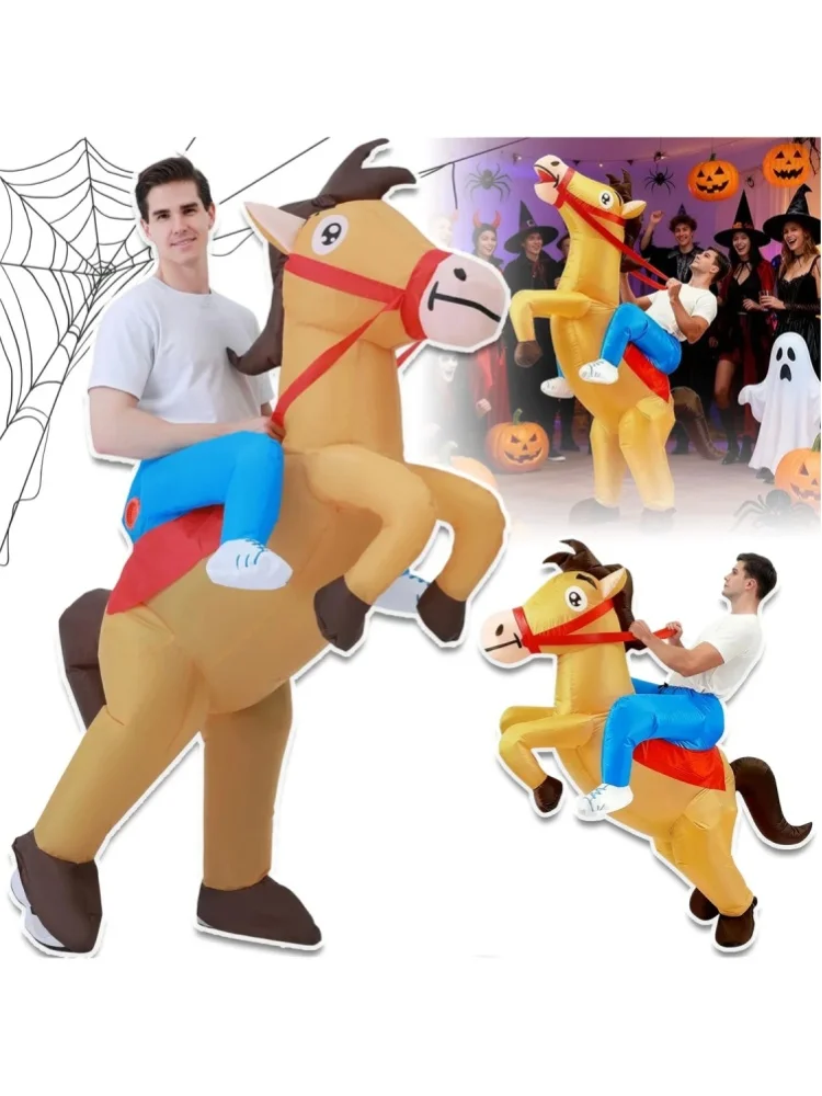 Kostium konia na Halloween, nadmuchiwany, zabawny strój kowboja jeżdżącego na koniu, rozmiar od 150 cm do 190 cm, idealny na imprezy urodzinowe i inne wydarzenia tematyczne. — 2
