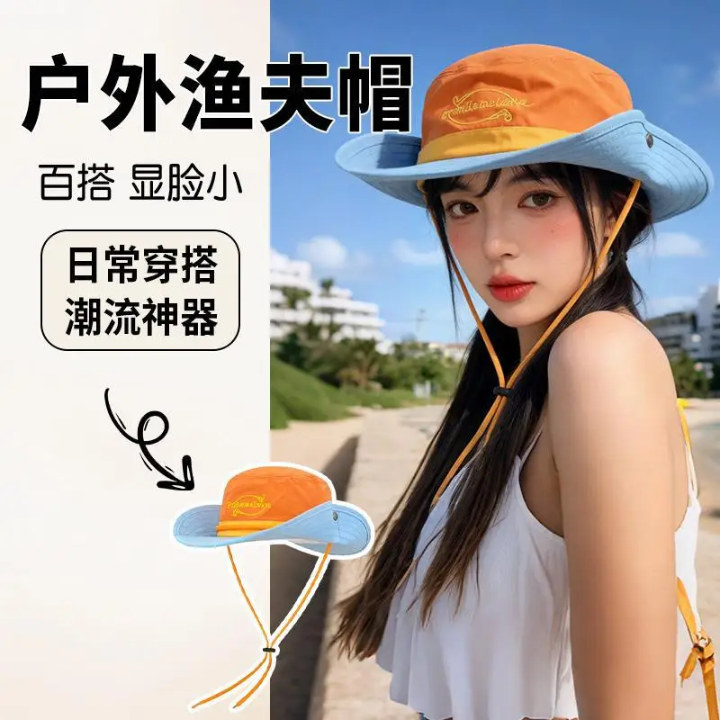 Outdoor Quick-dry Climbing Hat for Women, Drawstring Sunscreen Fisherman Hat, Denim Hat, Face-reducing Embroidery Bucket Hat