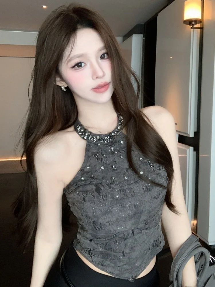 

Ретро-жилет с эффектом окрашивания и стразами, женский летний дизайн, стройнящий, универсальный, сексуальный топ без рукавов для прогулок по городу