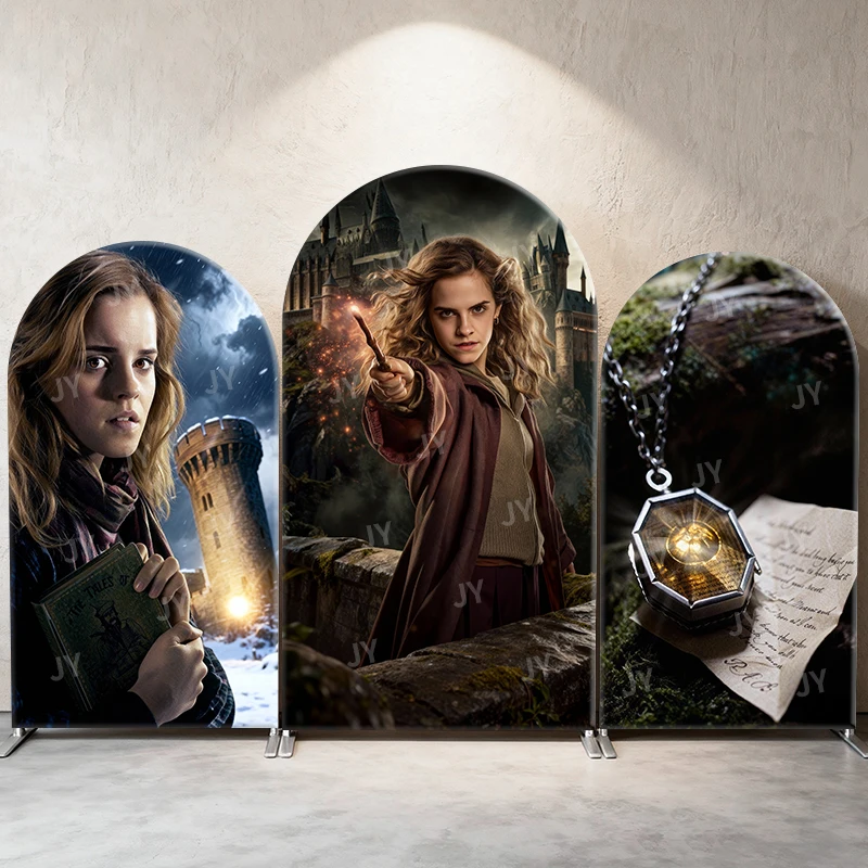 Fondo de arco temático de Harry Potter, Hermione Granger y el volteador de tiempo, escena mágica para cumpleaños infantiles, baby shower, fotomatón