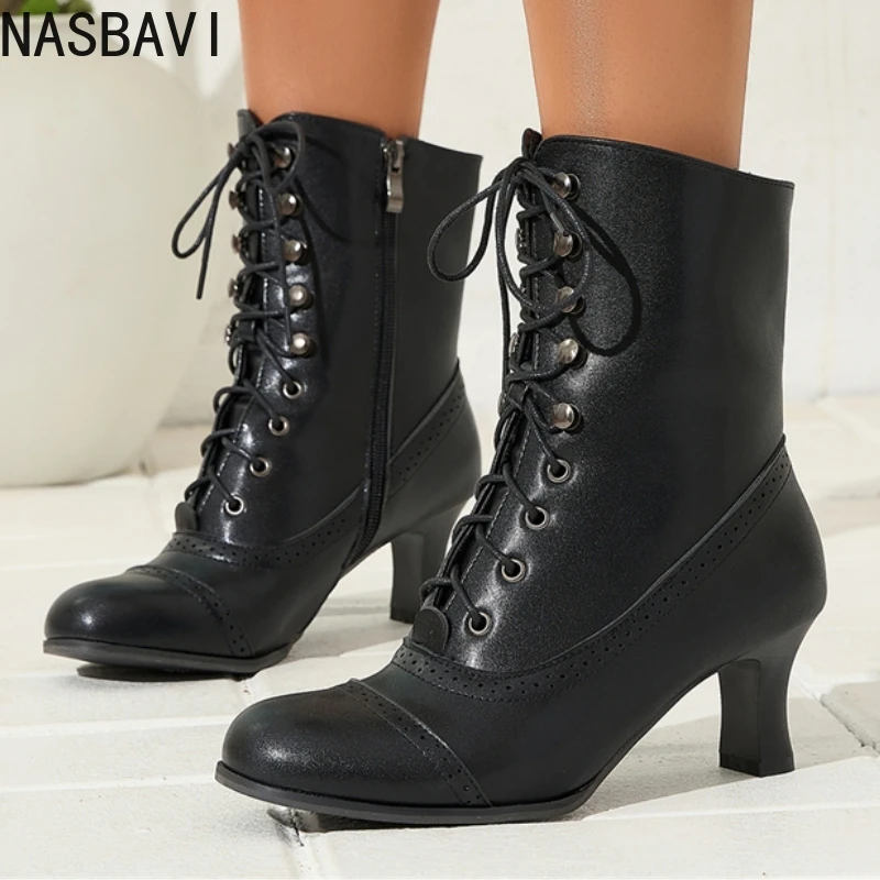 

NASBAVI Black Women's Ankle Boots Autumn Fashion Vintage Winter Short Boot Sexy Lace-up Low Heel Footwear Ladies Party Shoes