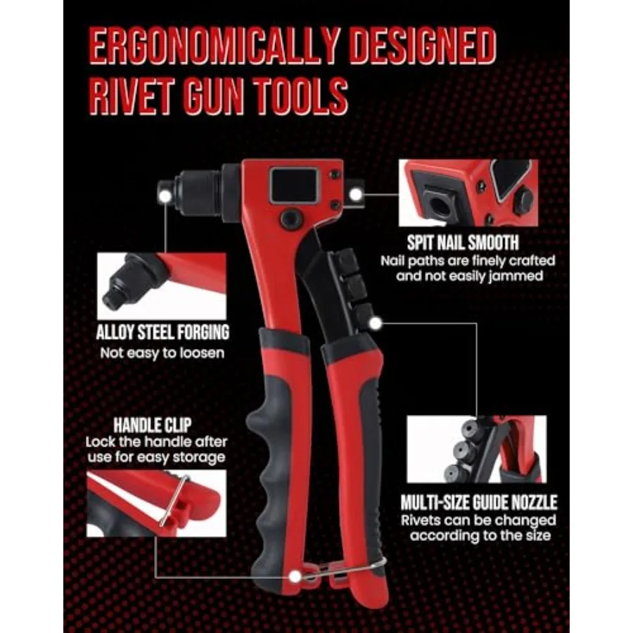 전문가용 4in1 수동 리벳팅 도구 세트 (리벳 100개 및 교체 가능한 헤드 4개 포함) 자동차, 항공우주 및 DIY 금속 작업용