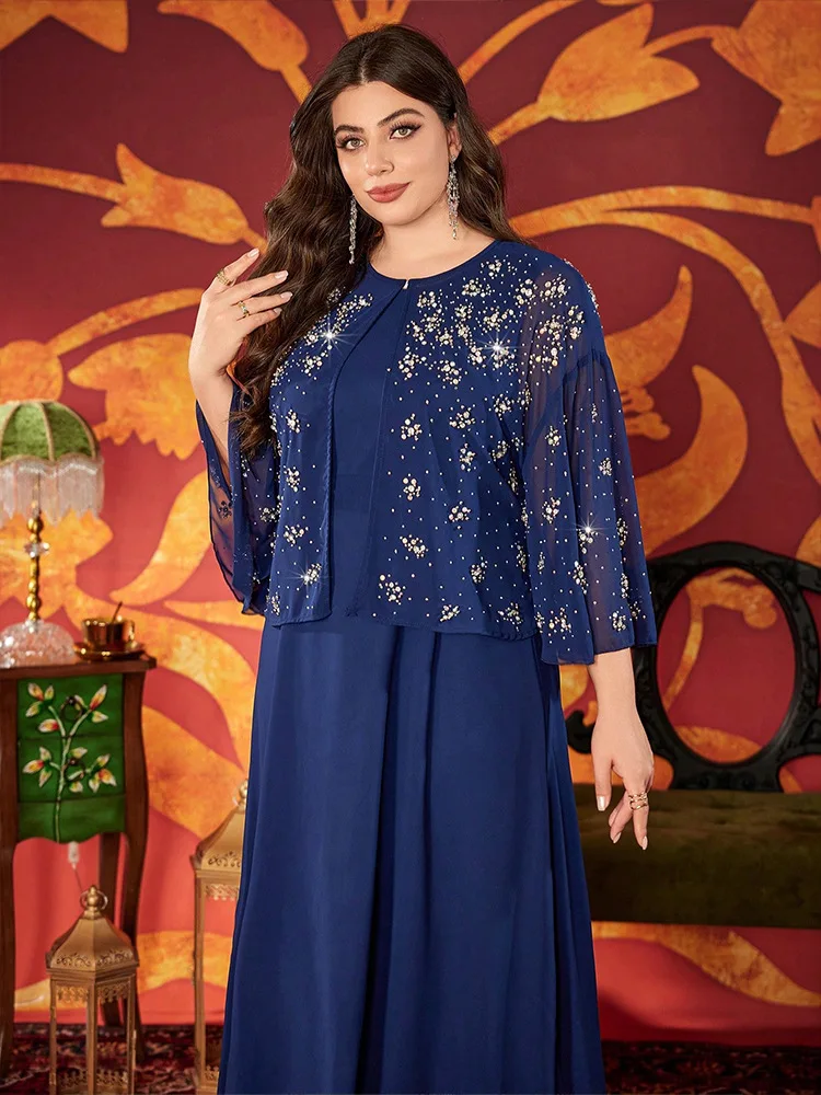 ชุดมุสลิมสำหรับผู้หญิง 2 ชิ้น เสื้อคลุมกิโมโนประดับลูกปัด ชุดเดรสยาว ดูไบ อบายา ตุรกี คาฟตัน เสื้อผ้าอิสลามสุดหรู ชุดคลุมคาฟตันสำหรับผู้หญิง