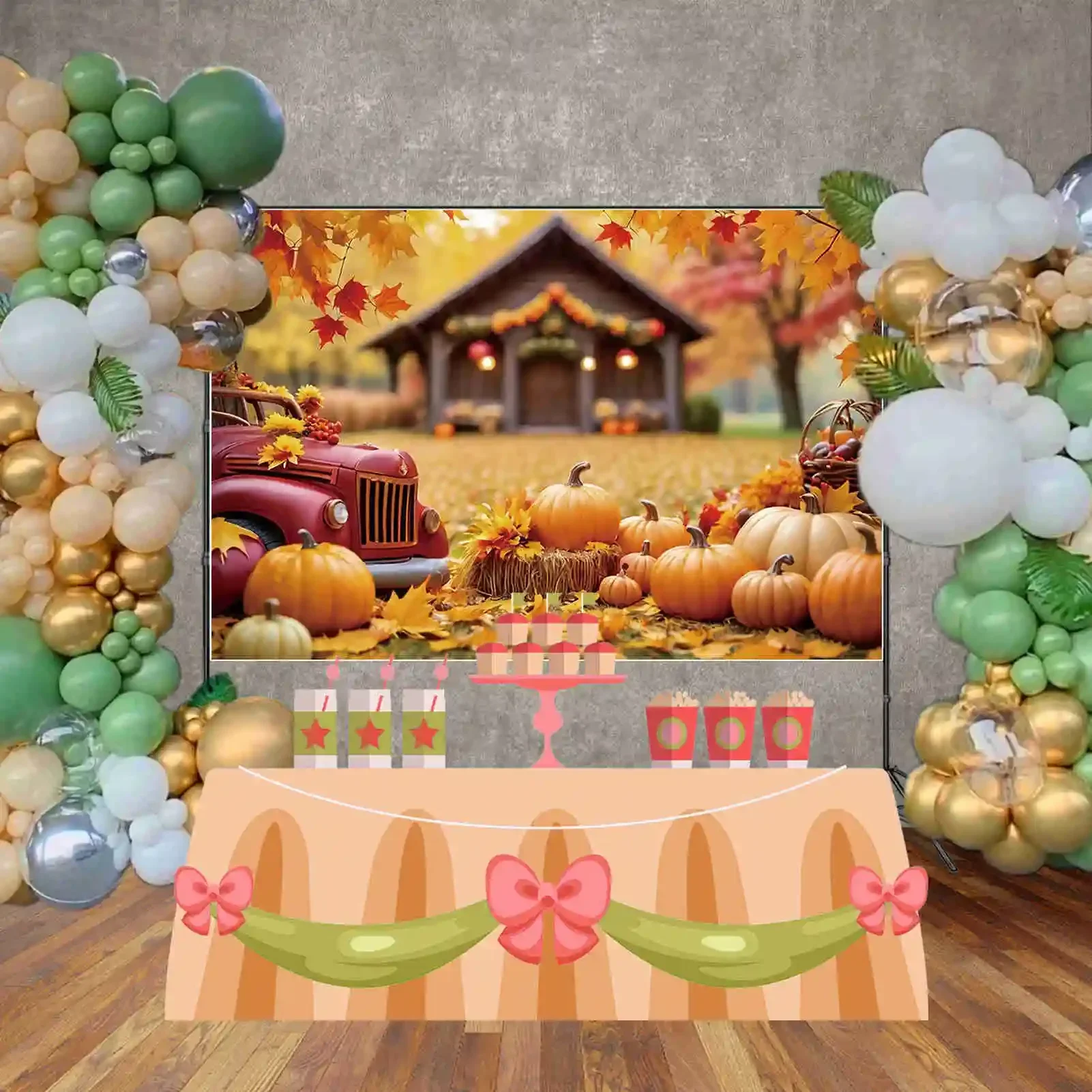 MOON.QG Autumn Harvest Photo Studio Background 2025 Thanksgiving Photography Backdrop Fallen Leaves Farm Truck Pumpkin Back Drop