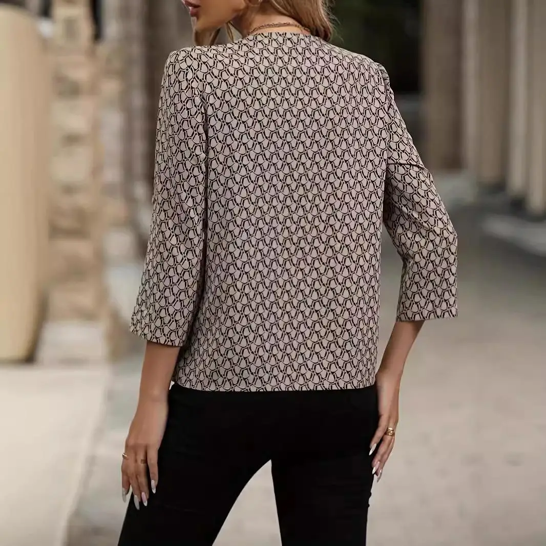 Elegant Women's Fashion Wine Geometric Print Neck SevenQuarter Shirt Stylish Abstract Patterned Nine-Tenths Sleeve Blouse
