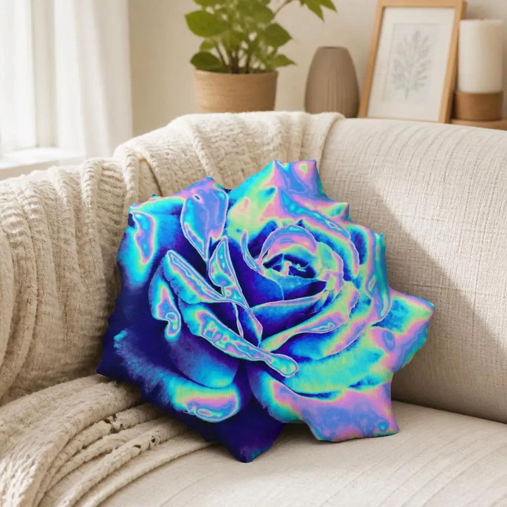 Psychedelic Blue Rose Plush Pillow Irregular Stuffed Cushion Neon Floral Throw Pillow for Sofa Home Decor Colorful Gift