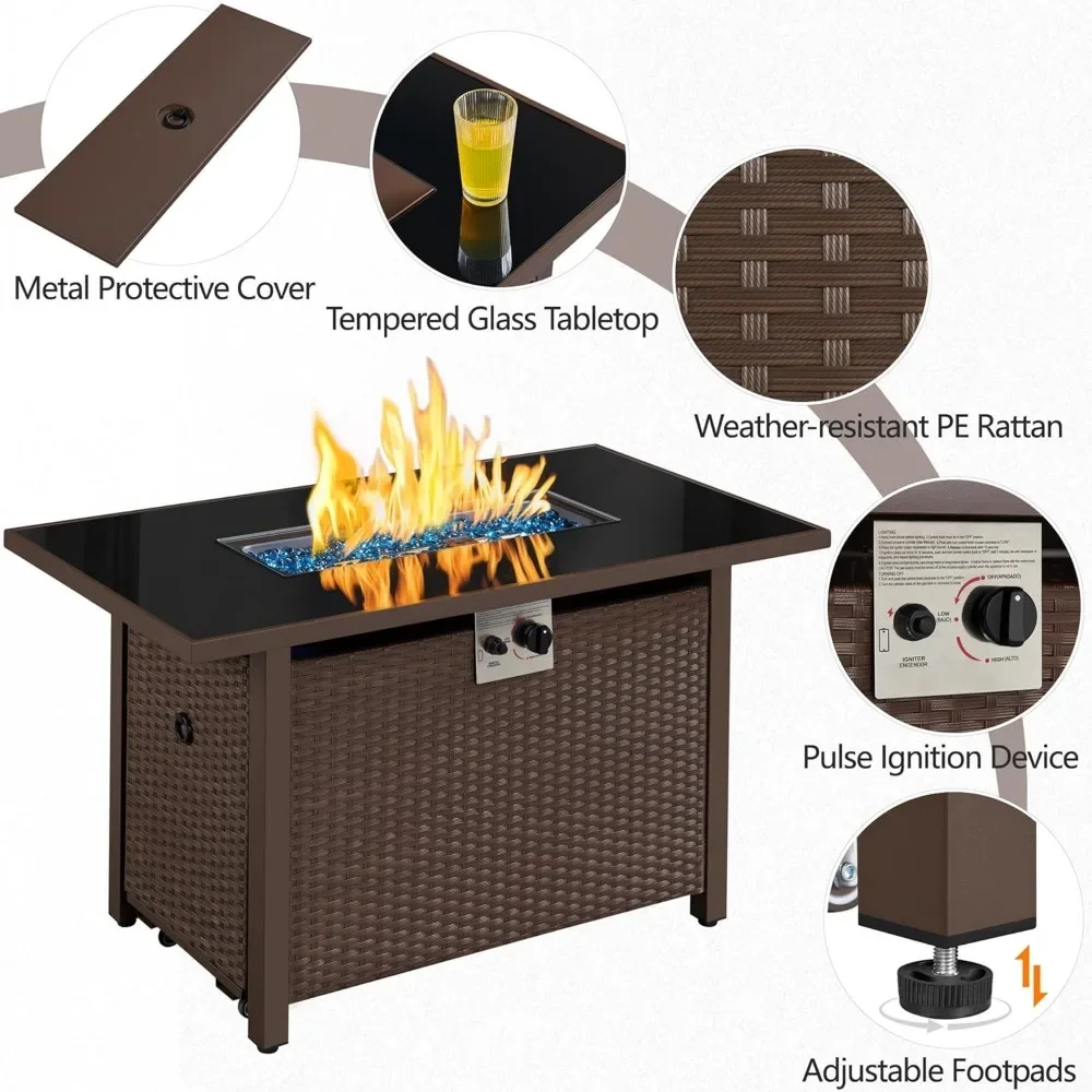 Propane Gas Fire Pit Table, Rectangular Fire Table, Tempered Glass Tabletop, Wicker Base, 43 