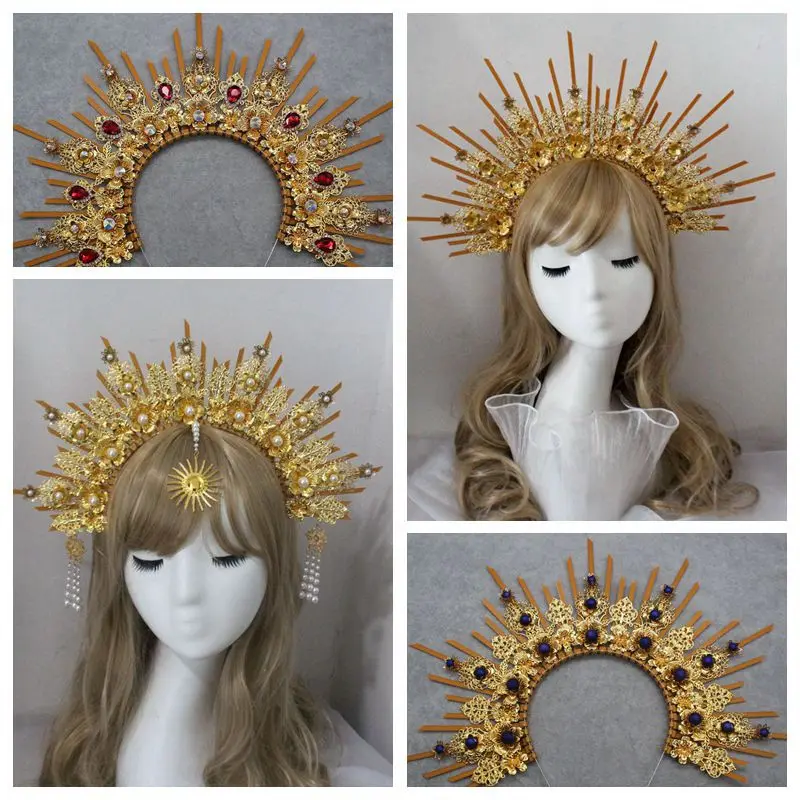 Lolita KC Gold Halo Headband  Sun Godmother's Crown Tiaras Headpiece Virgin Mary Gothic Headwear Fairy Goddess Hair Accessories