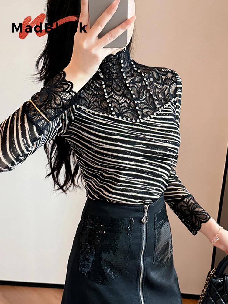 

MadBlack-Женская европейская футболка, сексуальный воротник с ромбовидной полоской, уличная тонкая сетчатая футболка с длинными рукавами S-3XL, осень 2021, T59861CC