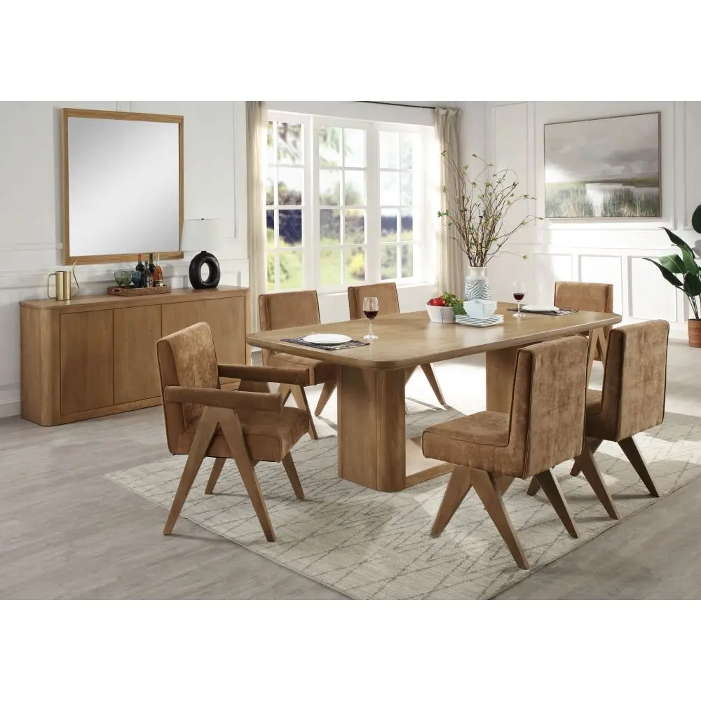 

Zoey 7-Piece Light Oak Finish Dining Set with Upholstered Chairs and Rectangular Pedestal Table