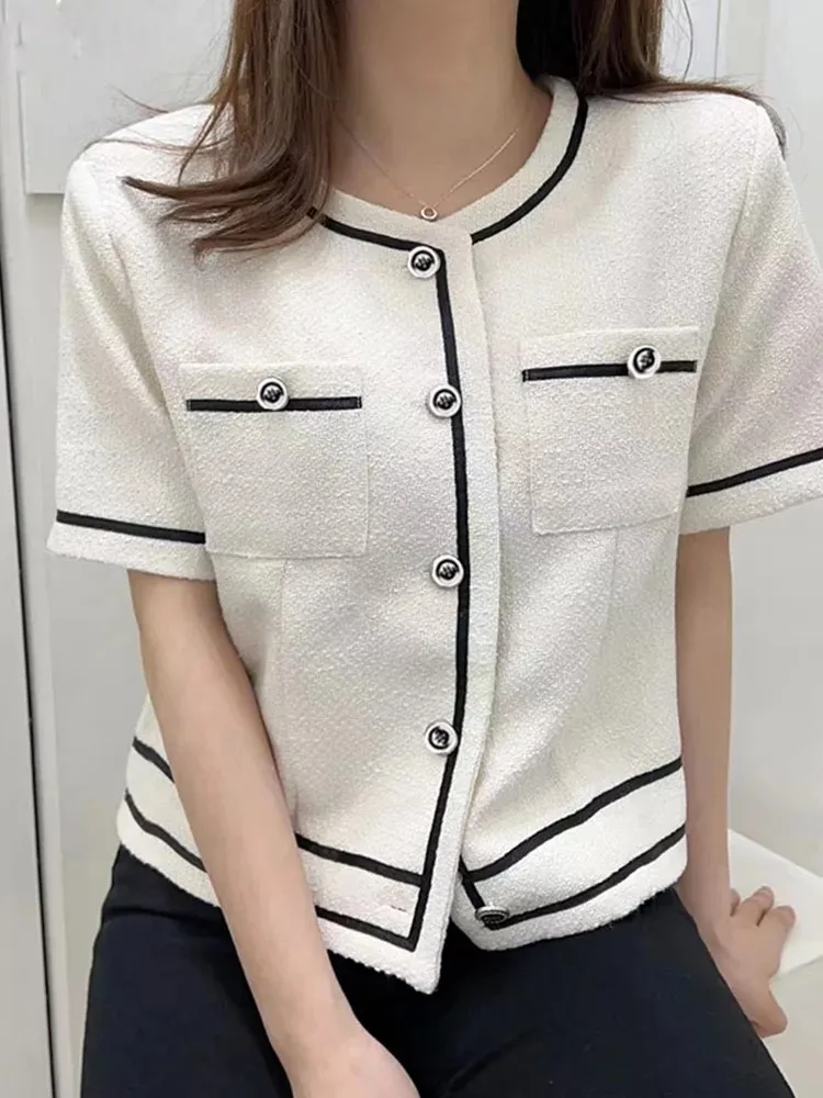 

2024 Fashion Summer Elegant Women Short Sleeve Jacket O Neck Shirt Casual Work Office Tops Stylish Patchwork Party Blouse