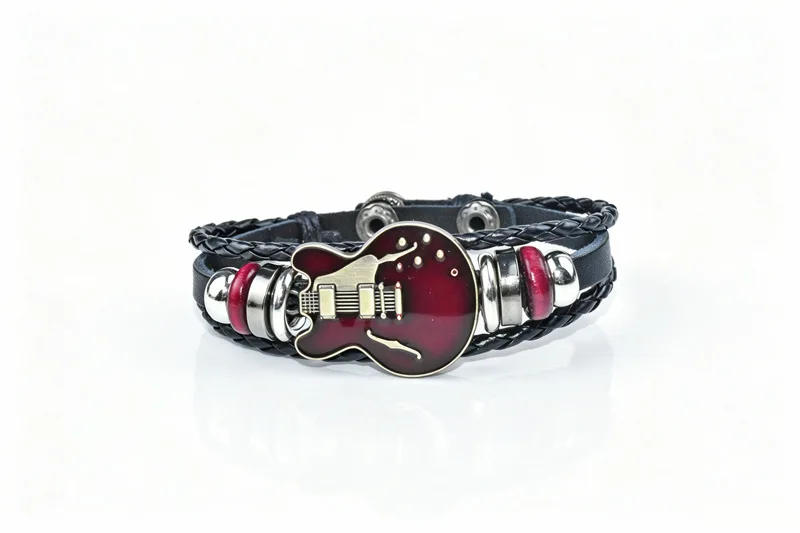 Vintage Musik-Gitarren-Lederarmband für Männer Europäischer Punk-Stil Armband mit Titan-Stahlschnalle Modischer Herren-Handschmuck Geschenk – Detail 4