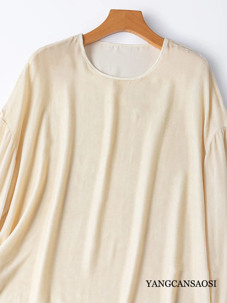 2026 Women's Fashion Autumn Clothing Loose French 30% Natural Mulberry Silk Velvet Round Neck Long Sleeved White T-shirt