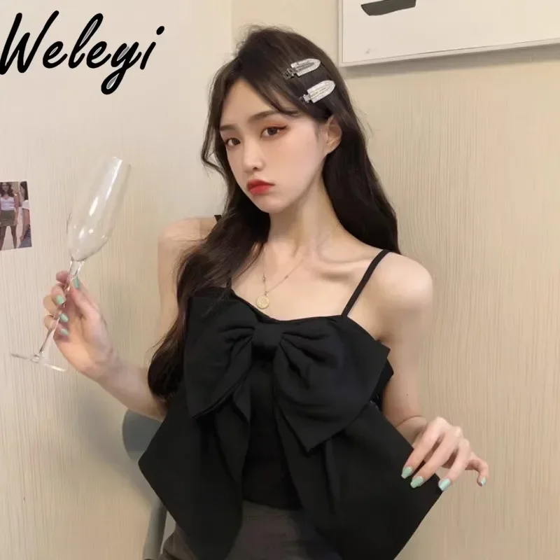 Jirai Kei Small Sling Vest Top Womens Y2k Clothes Inner Wear Autumn Hot Girl Large Size Plump Girls Cute Bow Short Camisole Tops