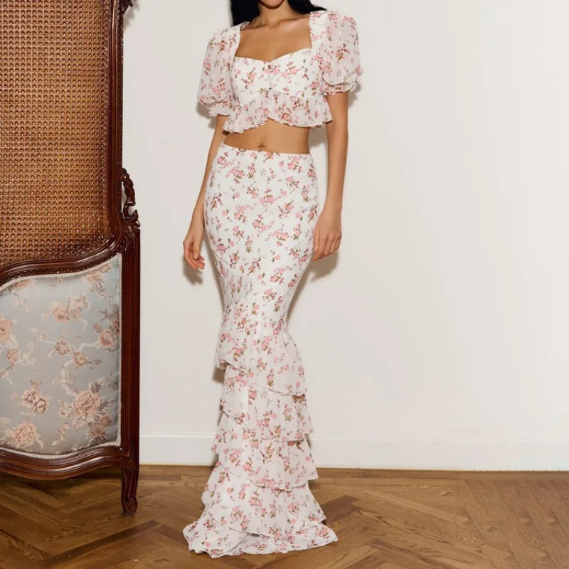 

2026 Summer Women Y2K Floral Print 2 Piece Outfits Crop Top Tiered Mermaid Maxi Skirt Set Sexy Bodycon Vacation Matching Set