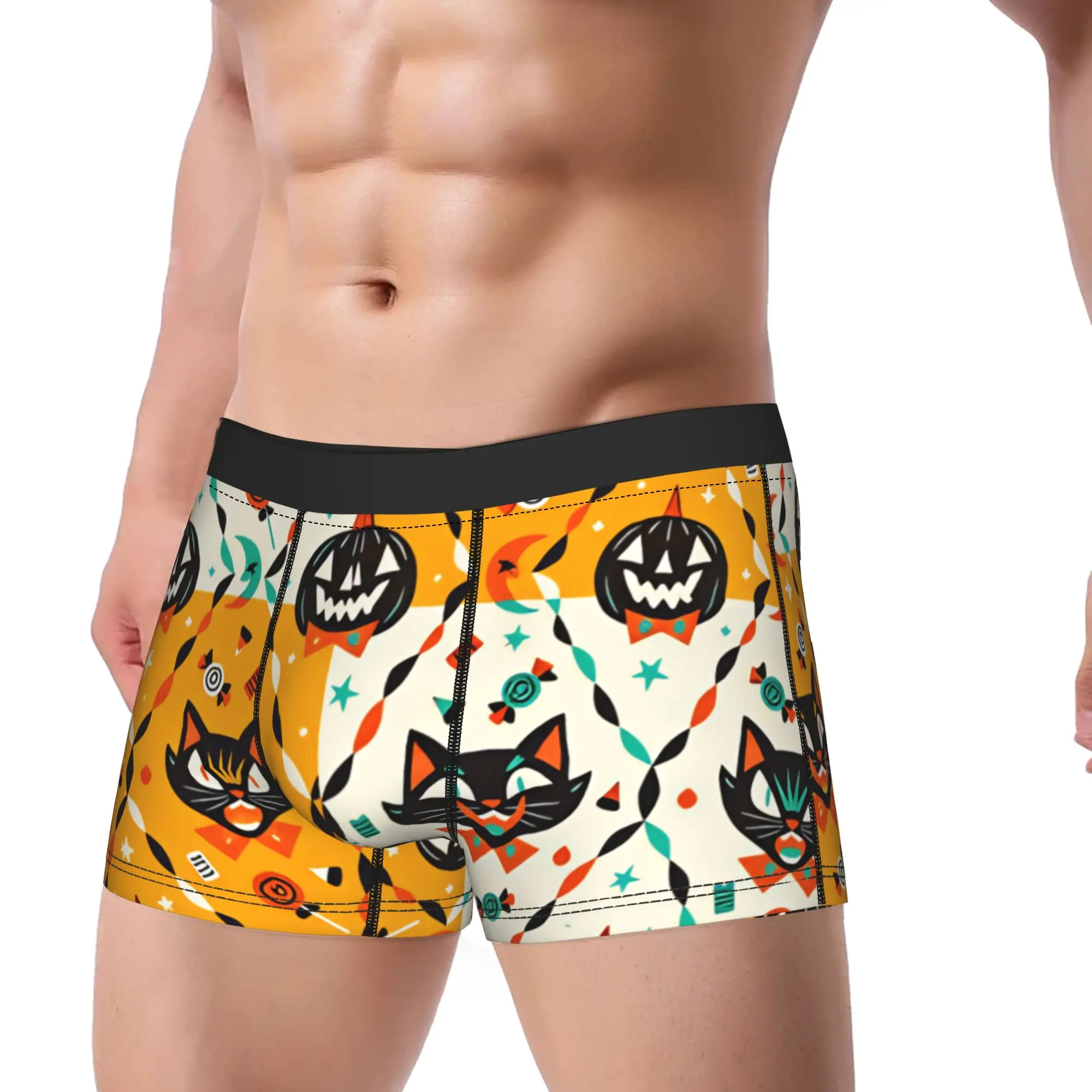 Halloween Retro Black Cat Pumpkin Candy Seamless Pattern Underwear  Men Boxer Brief Breathable Boxer Shorts Plus Size Underpants