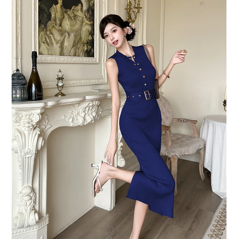 Abito lavorato a maglia senza maniche di fascia alta moda donna Nuovo abito femminile aderente in vita elastica OL coreano chic estivo 2025