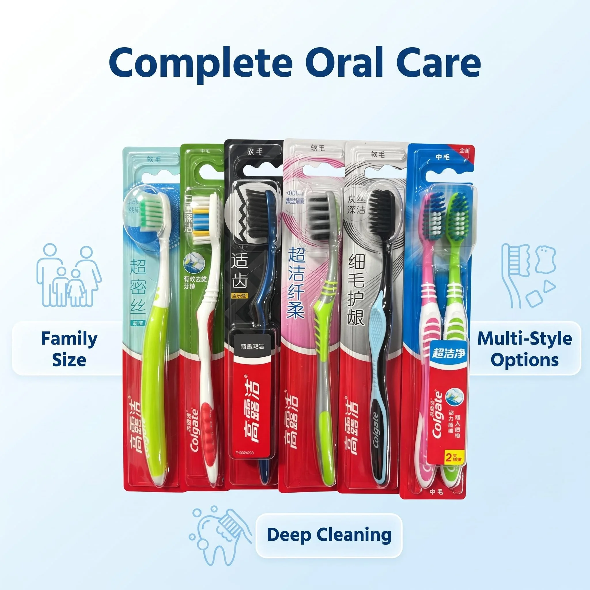 7pcs Colgate 6 Assorted Styles Toothbrushes Fine Soft & Medium Bristle Gum Care Bulk Pack Household Oral Cleaning