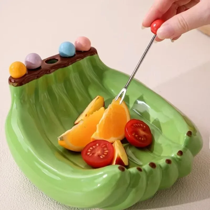 1pcs Fruit Platter Home Living Room Coffee Table Children's Ceramic Basket Dessert Fruit Fork High-value Practical Set