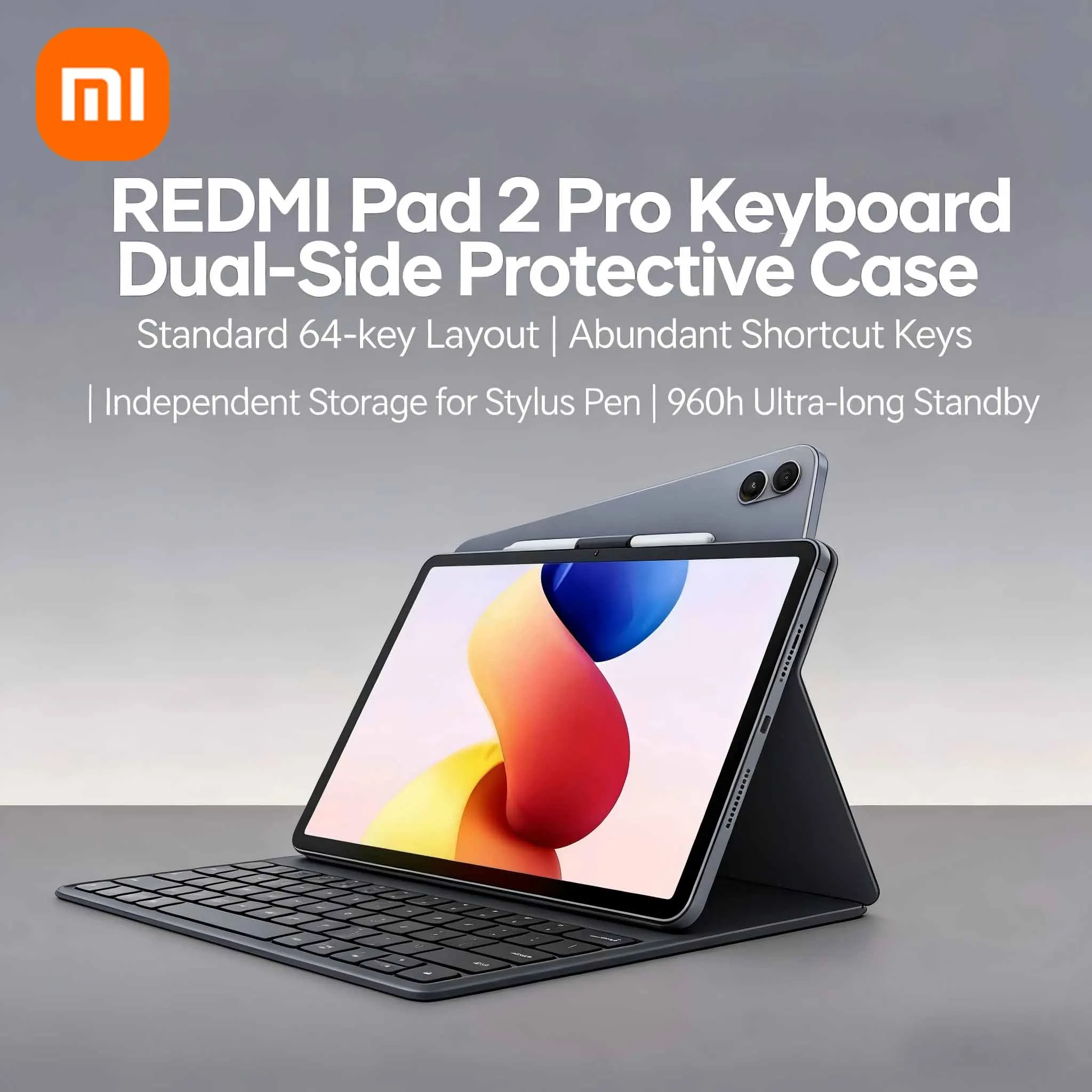 Original Redmi Pad 2 Pro Keyboard Case Cover 64 Keys Layout 960H Standby Stylus Holder Detachable Sleeve 120 Degree Black