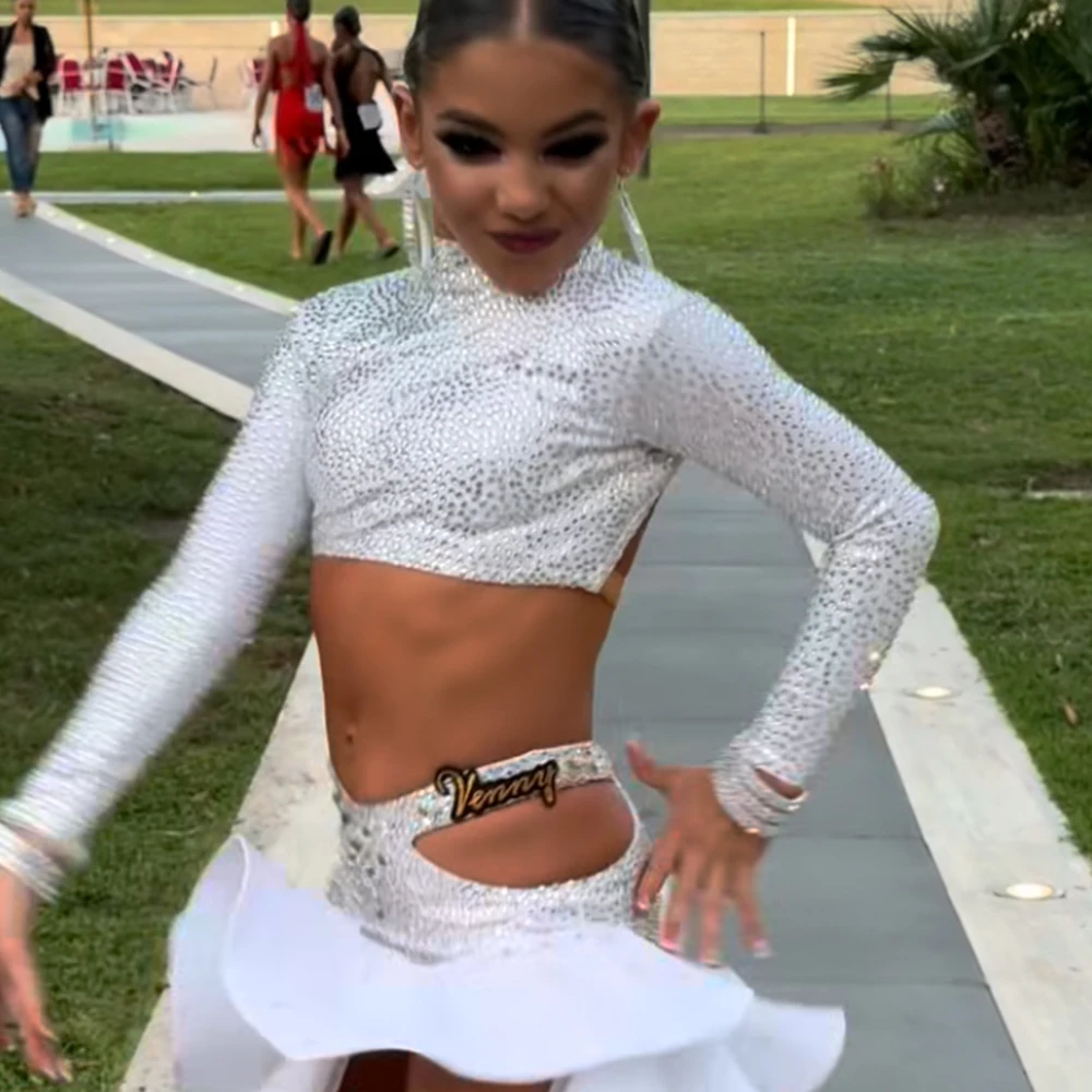 Vennystyle Latin Dance Dress Long Sleeve High Neck Cropped Top & Side Cut-Out Asymmetric Skirt Two-Piece Set for Performance