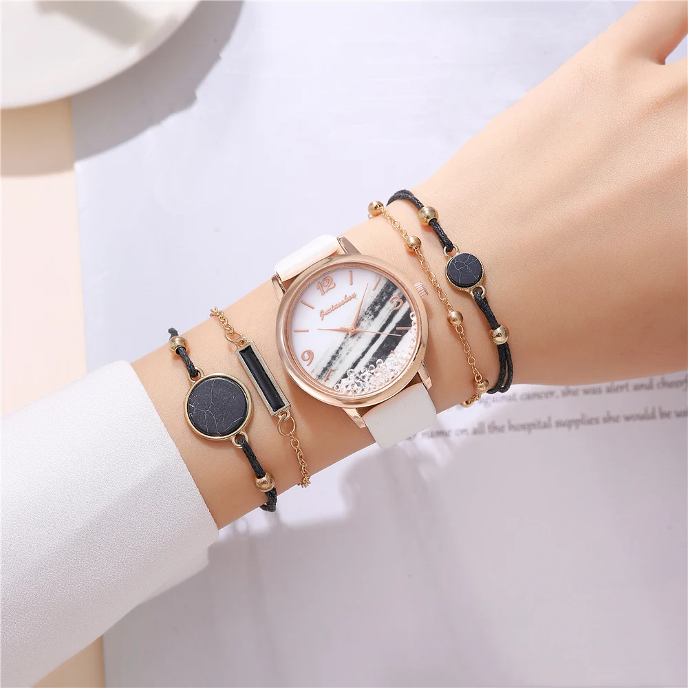 Reloj de cuero pu de cuarzo con diamantes de imitación para mujer, moda de moda, 5 piezas por juego