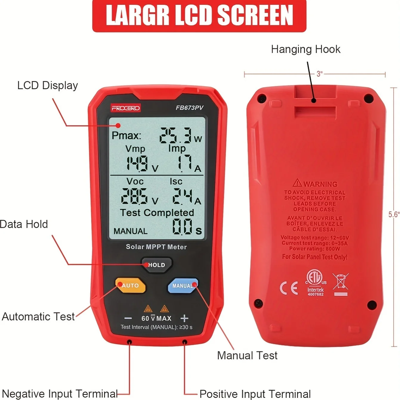 FB673PV Tester per pannelli solari Multimetro fotovoltaico 800W, misuratore MPPT solare con grande LCD ultra trasparente, circuito aperto MPPT intelligente