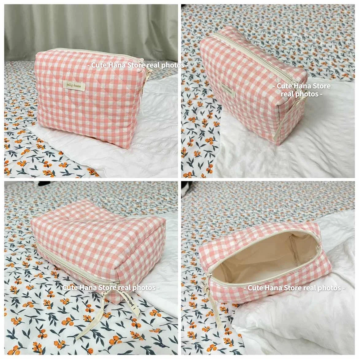 Sweet Plaid Pink Ladies Cosmetic Bags Fashion Large Capacity Portable Female Storage Bag Simple Soft Fabric Women\'s Clutch Purse