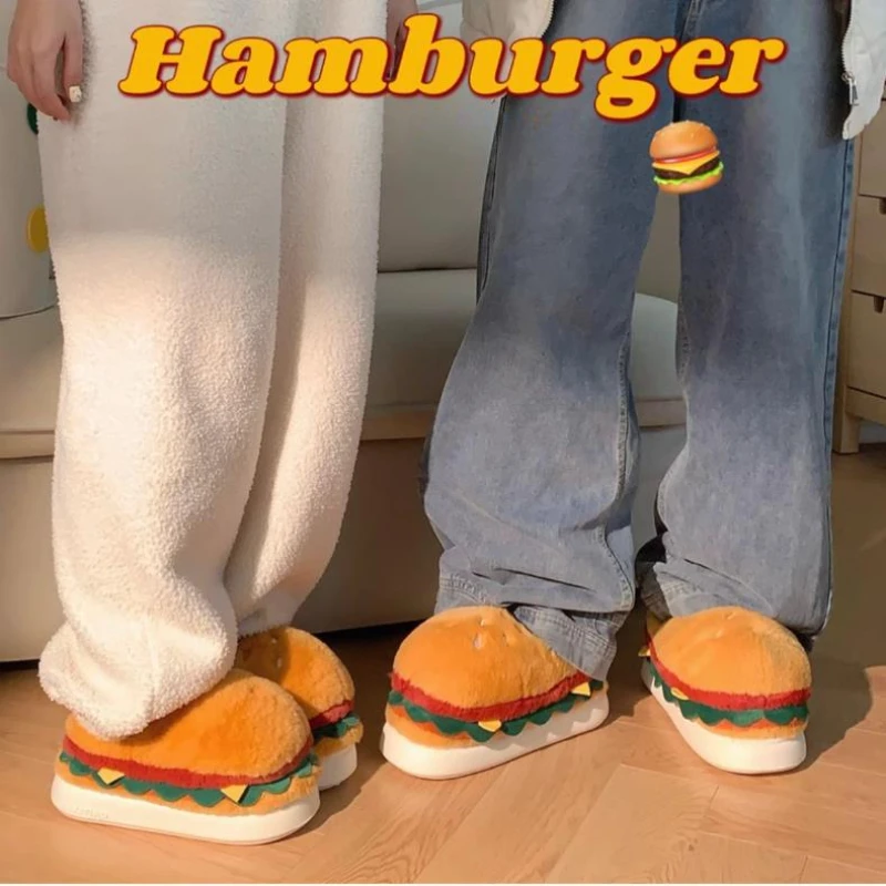 Women Winter Warm Slippers Cute Cartoon Hamburger Home Floor Platform Shoes Thick Sole Soft Plush Girls Indoor Fluffy Slipper