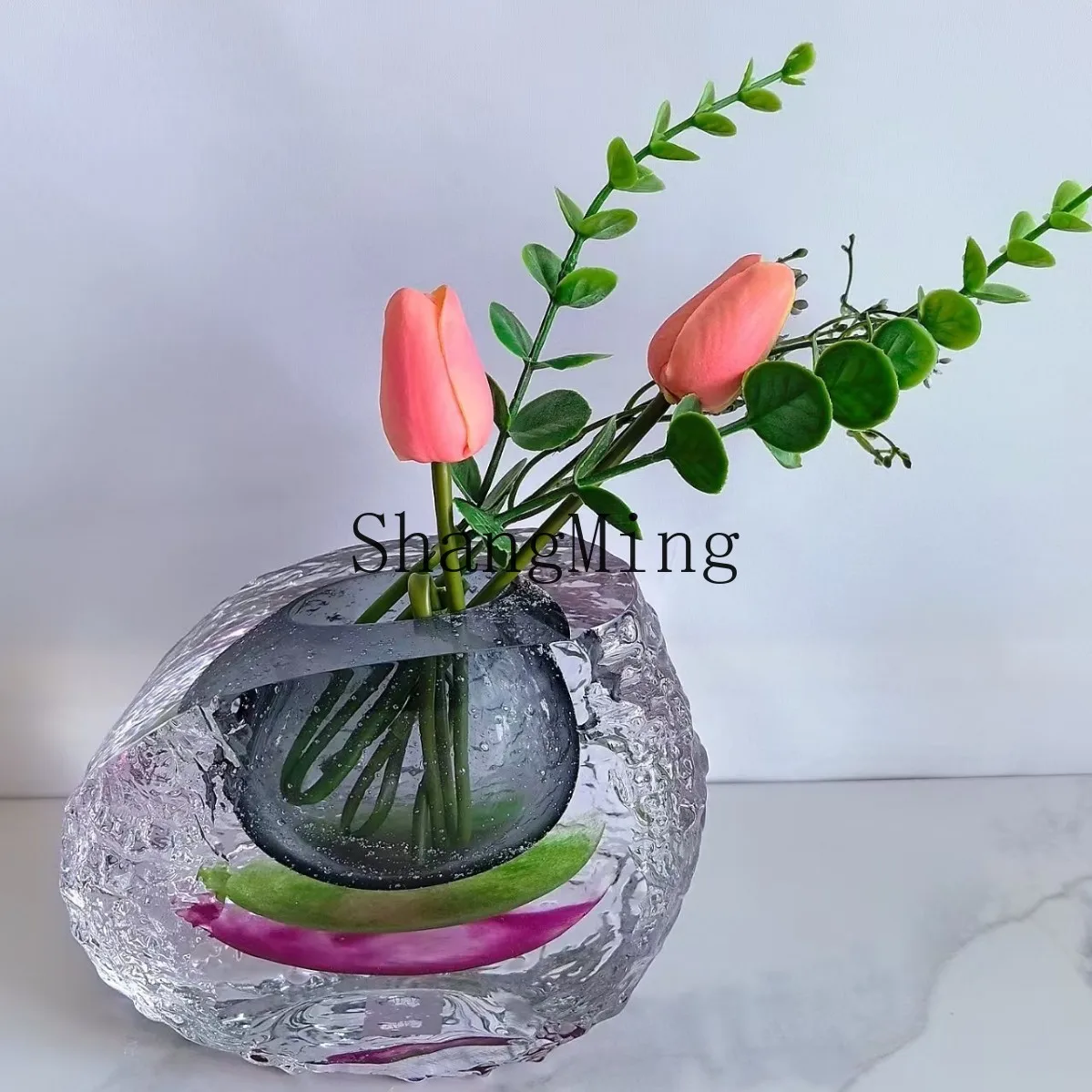 PYH Modern Light Luxury Crystal Glazed Cut Glacier Thick Bottom Vase Soft Enclosure Countertop Decoration
