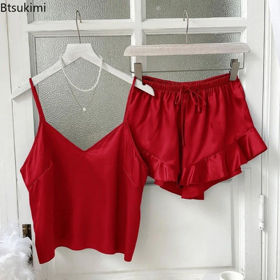 Women's Summer Pajamas Set Nightwear Sexy Strap Top and Shorts Home Clothes Sexy Satin Sleepwear Solid Color Loose Loungewear