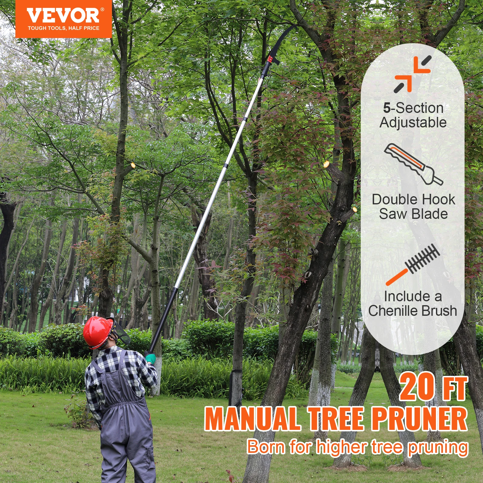 VEVOR Manual Pole Saw Extendable Tree Pruner Sharp Steel Blade for High Branches Trimming with Lightweight Aluminum Alloy Handle