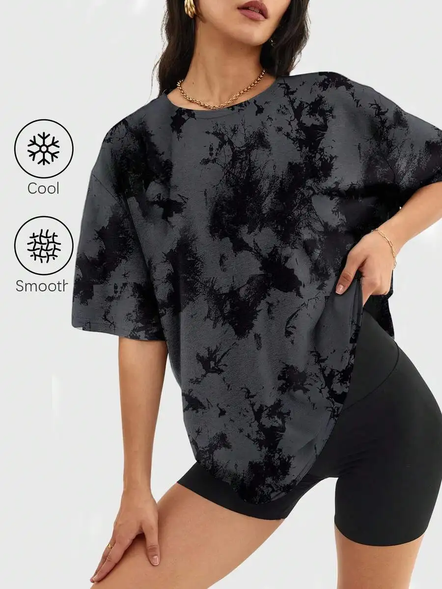 

Womens Tie Dye Round Neck Short Sleeve Loose Top Casual Sporty Tee Spring Summer