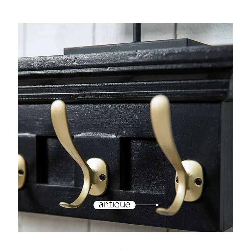 Wall Mounted Coat Rack with Shelf, Black Wood, Brass Hooks, 35.4x6.3 Inch, Entryway Storage, Display Shelf, 6 Hooks