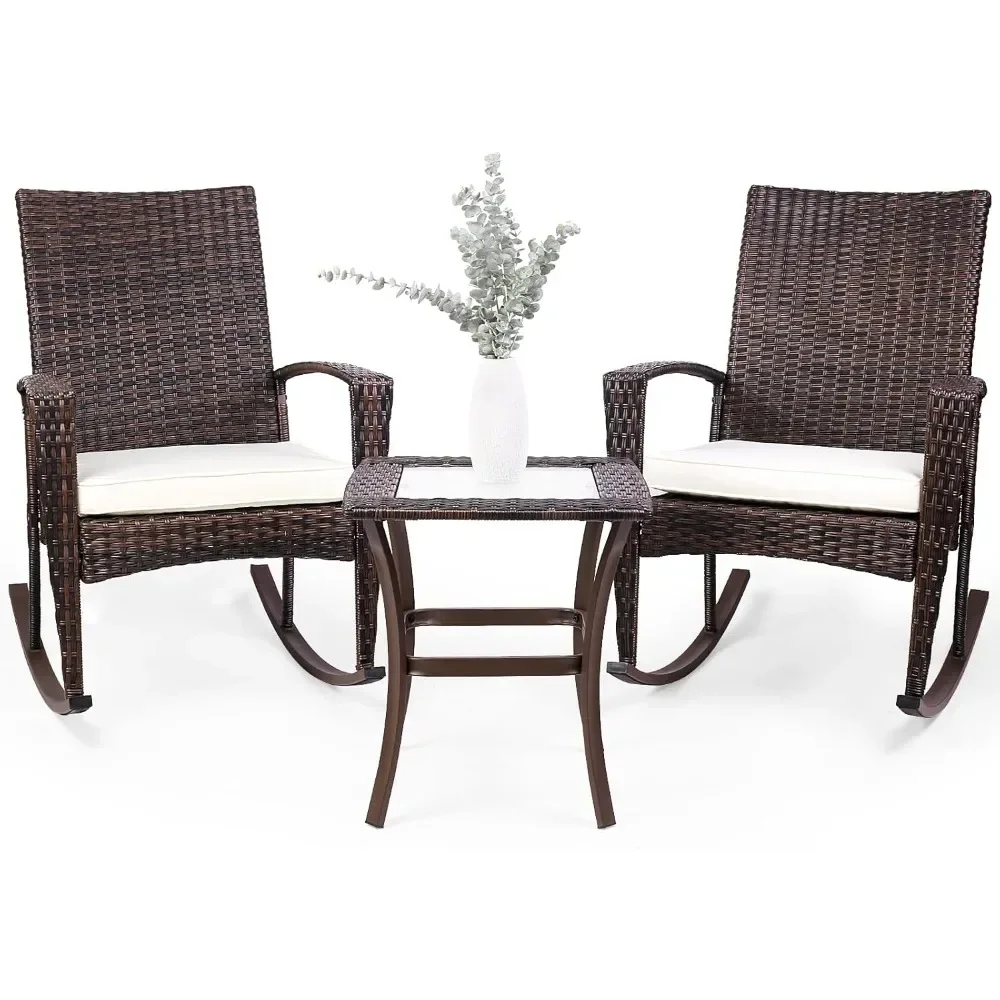 

3 Piece Wicker Rocking Chair Patio Furniture Sets, Outdoor Wicker Bistro Rattan Chair Conversation Sets with Cushions