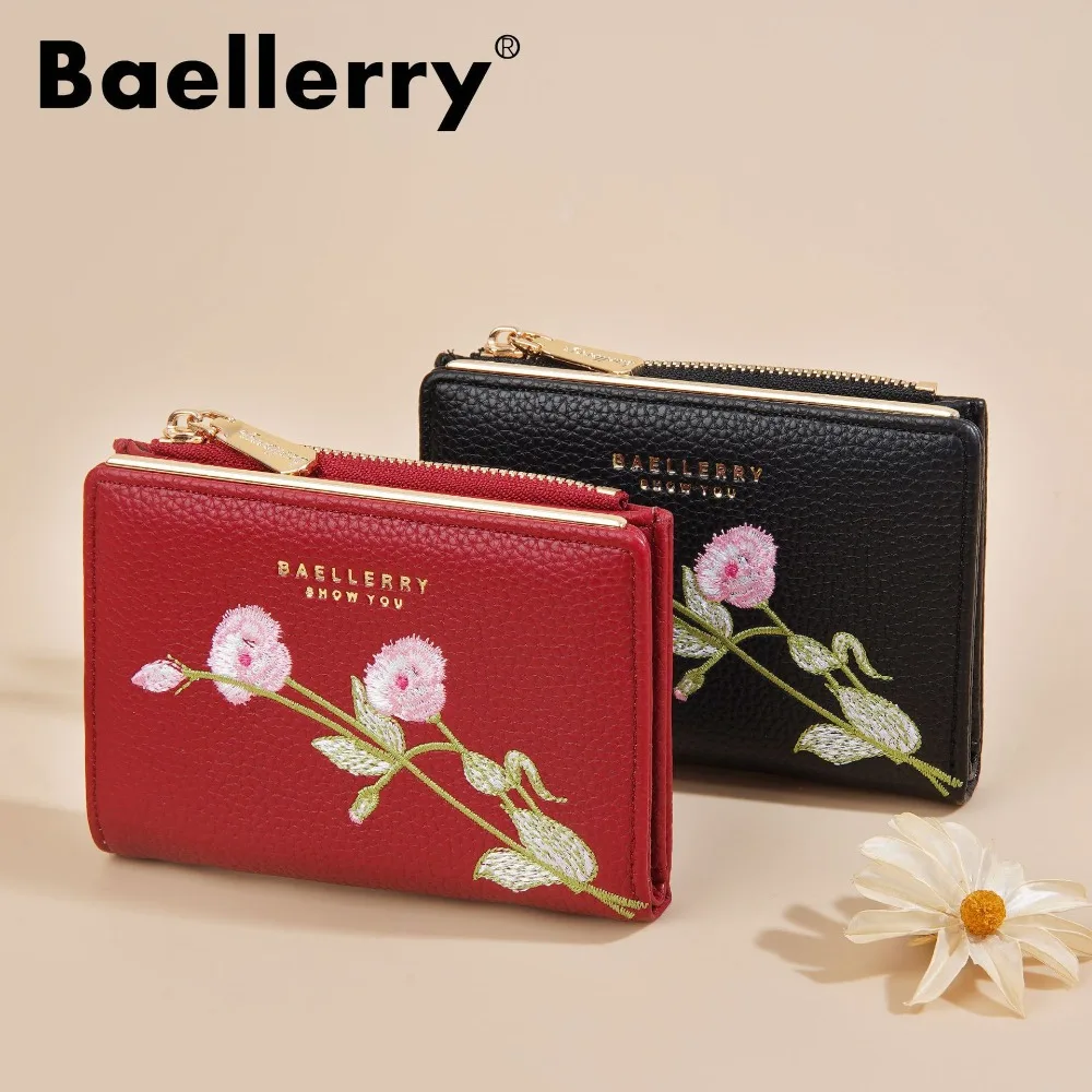 Portefeuilles courts en cuir pour femmes Baellerry, broderie florale, porte-cartes simple, sac vintage pour femme, porte-monnaie à fermeture éclair