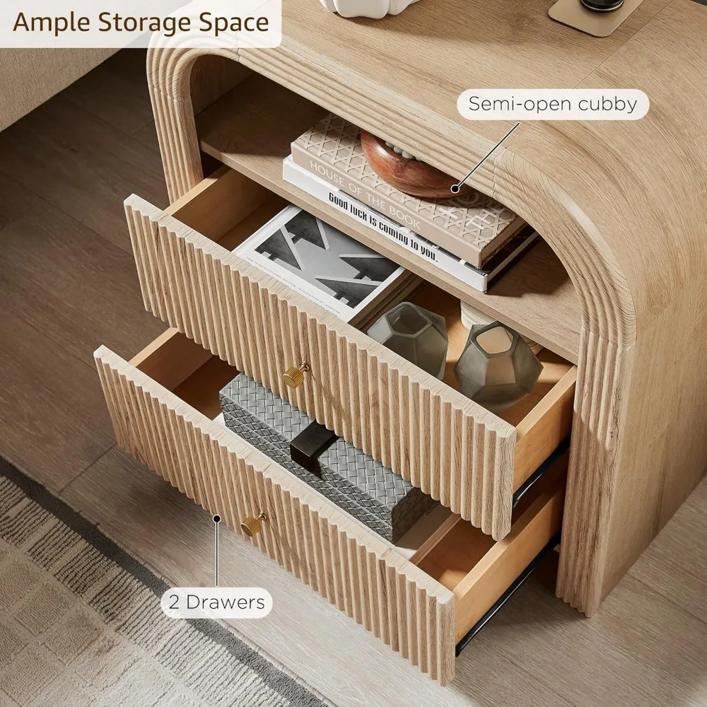 مجموعة كبيرة منضدة حديثة ذات درجين مع قاعدة شحن، تصميم مخدد، طاولات تخزين بجانب السرير لغرفة النوم #3