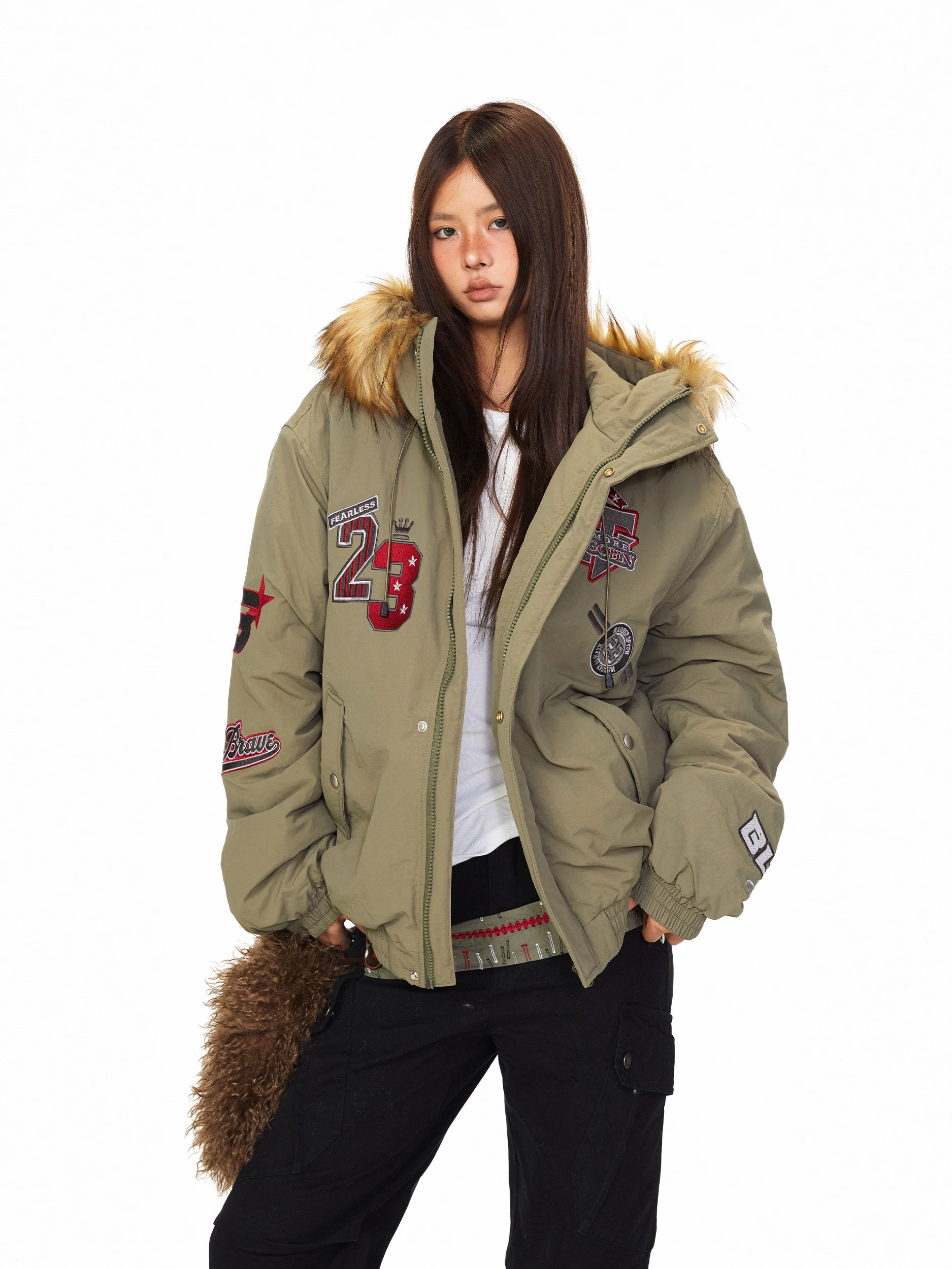 Blackbb Street Style Oversized Cotton Jacket with Fur Collar And Embroidery Couples Warm Hooded Coat Mountain Eagle Pattern