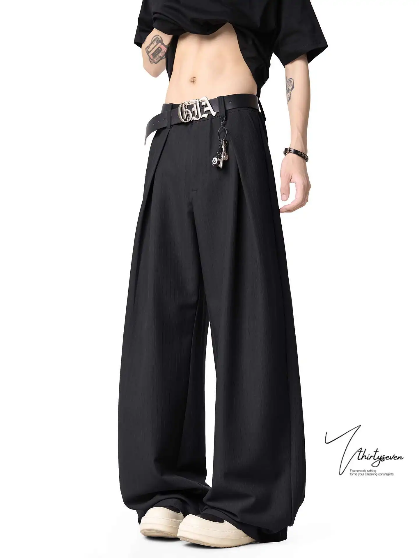 High Waist Wide Leg Pants Man American Style Design Pleated Wide-Leg Trousers For Men Loose Draped Floor-Length Casual Pants