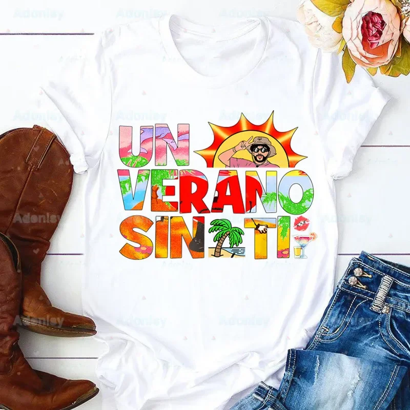 Bad Bunny Out Verano Sin تي شيرت للنساء ، قمم قاعدة مضحكة ، تي شيرت للصيف ، تو نو إريس ، بيبوتا ، س الرقبة