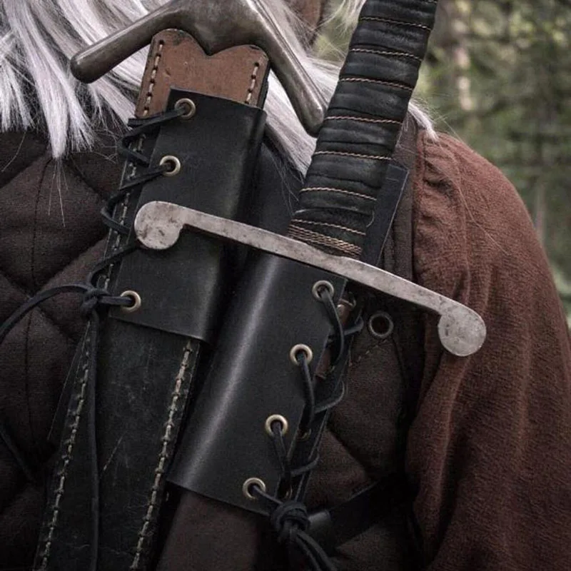 

Medieval Viking Knight Samurai Double Sword Holder Sheath PU Leather Harness Scabbard Holster LARP Warrior Cosplay Costume Props
