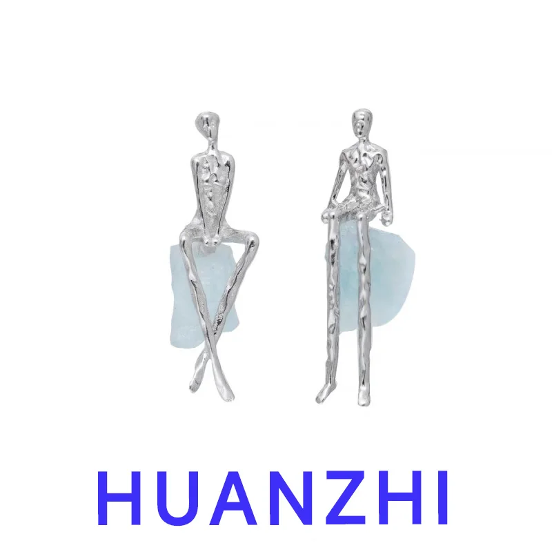 HUANZHI Silver Color Humanoid Natural Stone Stud Earrings Delicate Unisex Earrings Personalized Punk Jewelry for Women Couples