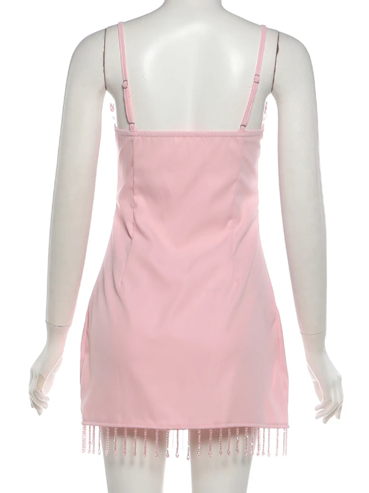 Weird Puss Perlen-Quastenkleid für Damen mit Blumenapplikationen, tiefem Ausschnitt, ärmellos, figurbetont, süß, elegant, für Strandpartys, klassisches Mini-Bodycon-Kleid – Detail 5