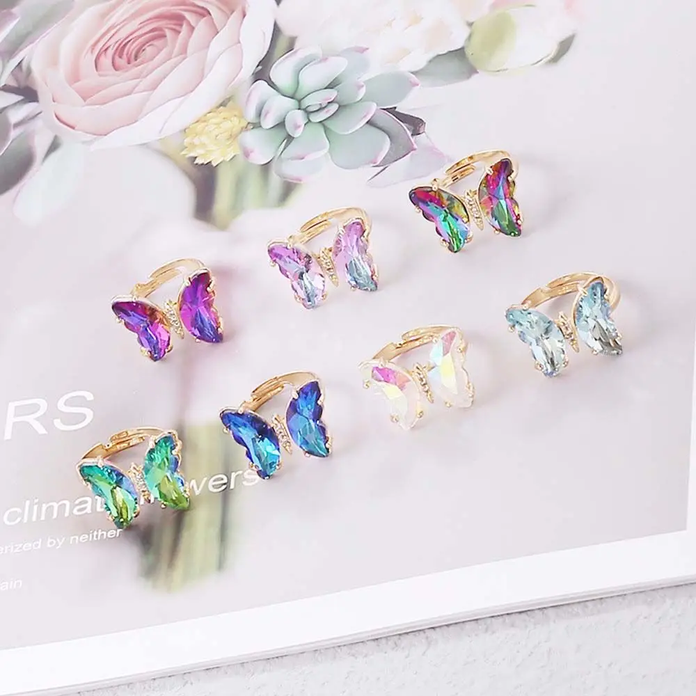 Personality Gradient Color Korean Girls Finger Rings Crystal Butterfly Open Ring Fashion Jewelry