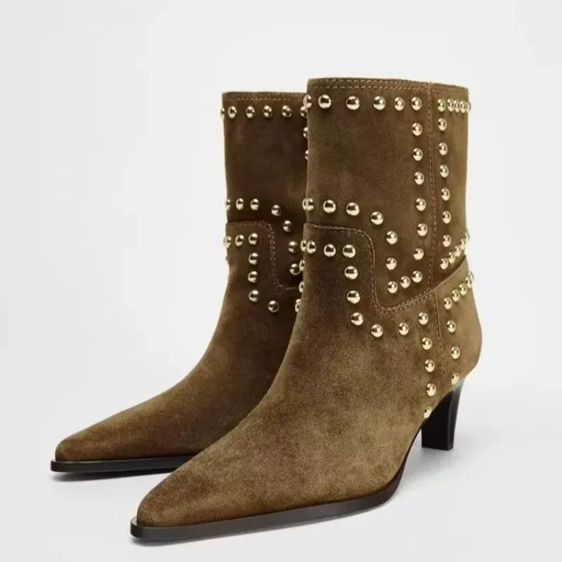 

Spring/Autumn 2026 New Retro Women's Shoes Brown Studded Suede Thin Heel Pointed Toe Booties Knight Boots