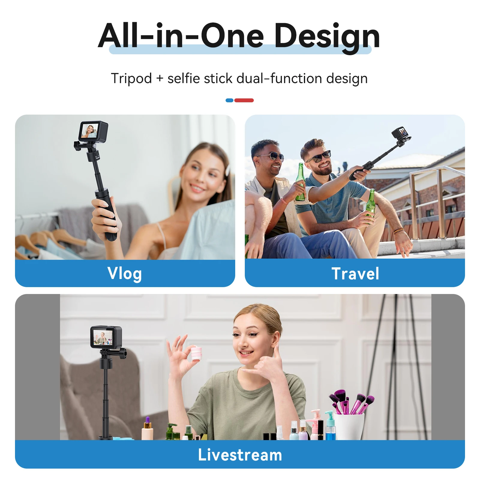 TELESIN Mini Quick Release Selfie Stick Tripod Portable Adjustable Length for GoPro 12 13 Insta360 X4 DJI Osmo Action 4 3 Camera