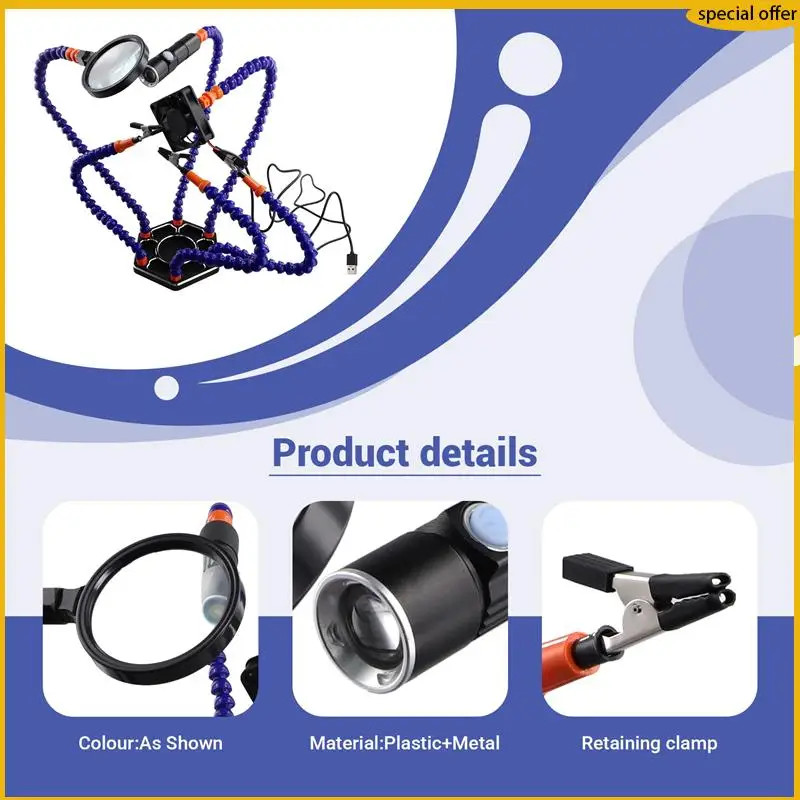 

A50I PCB Soldering Holder Helping Hands LED Lamp 3X Magnifying Glass For Electronic Welding Third Hand Fresnel Lens