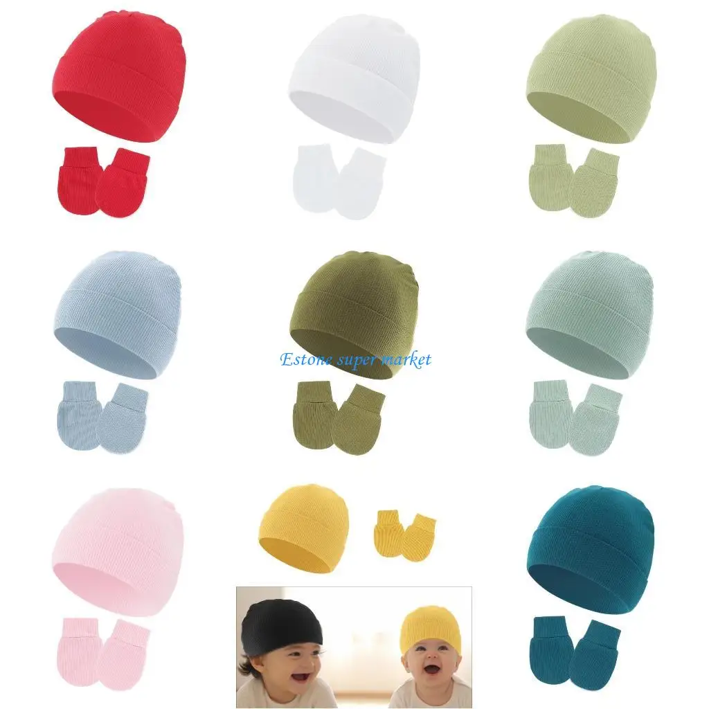 

090B Baby Hat Newborns Headwear Hospital Hat Solid Color Breathable with Gloves Set
