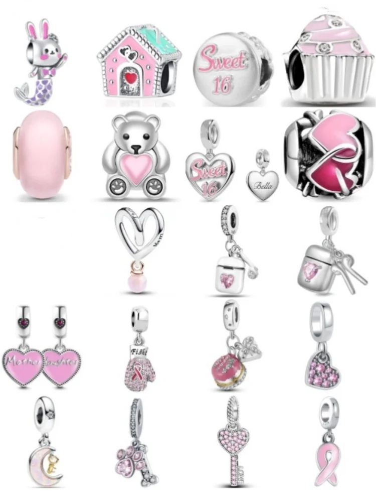 Hot Selling S925 Silver Pink House Cake Headphone Key Pendant Suitable For European Original Bracelet DIY Charm Jewelry Gift